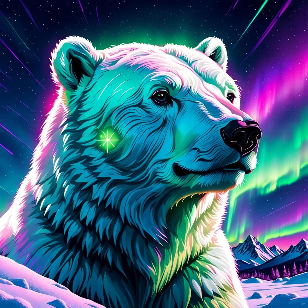 Neon Polar Bear Portrait in Synthwave Style