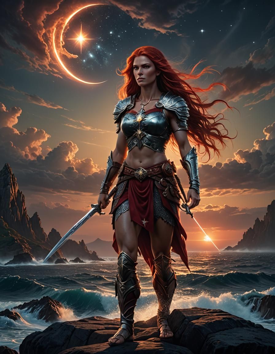 Red-Haired Warrior at Sunset: Fractal Fantasy Art