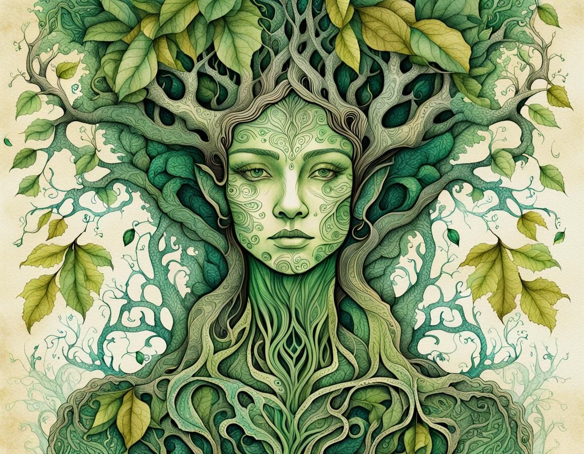 Gnarled Treant and Green Woman Ink Drawing