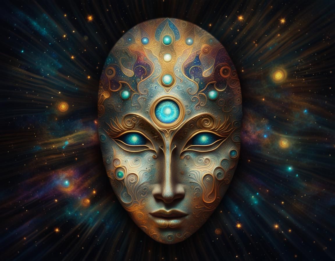 Cosmic Three-Eyed Woman with Golden Sun Mask