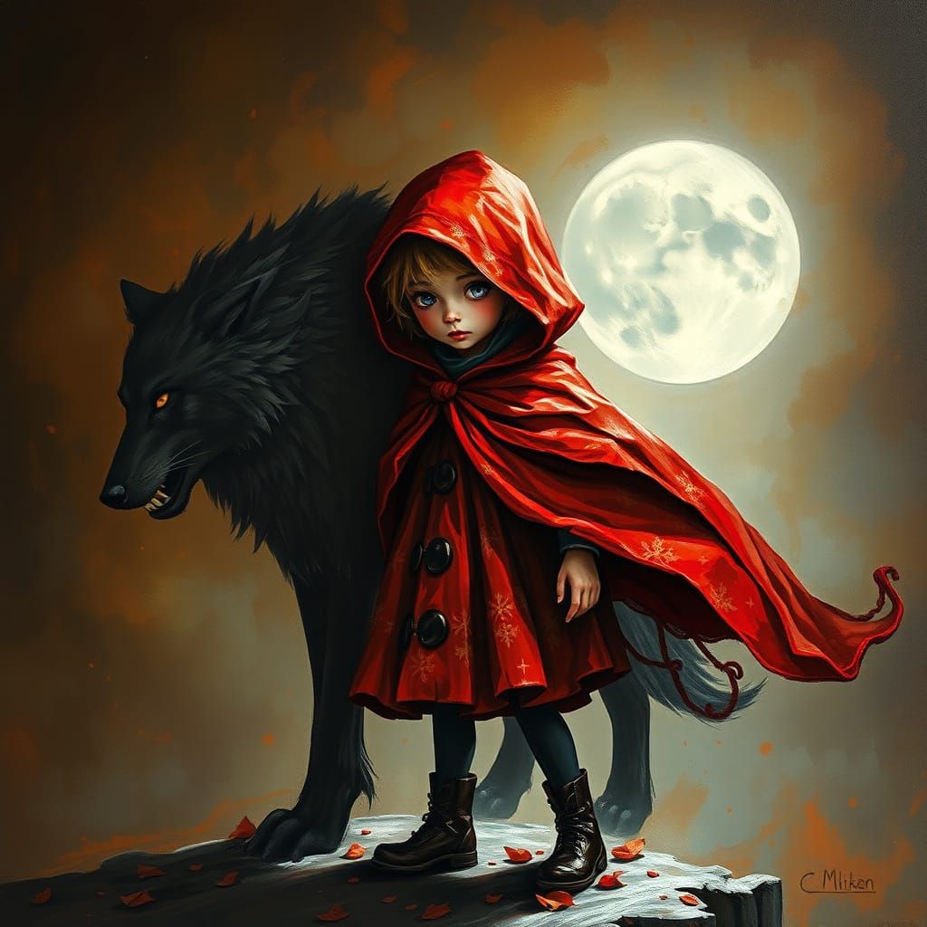 Gothic Folk Art Girl in Red Cloak Surrounded by a Wolf Shado...