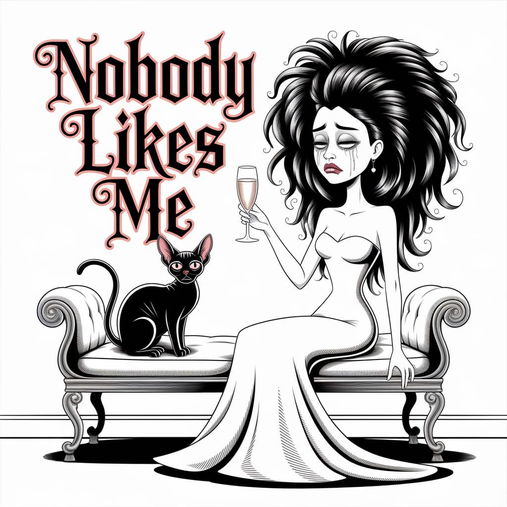 Goth Bride Sighs in Sadness with Egyptian Sphynx Cat