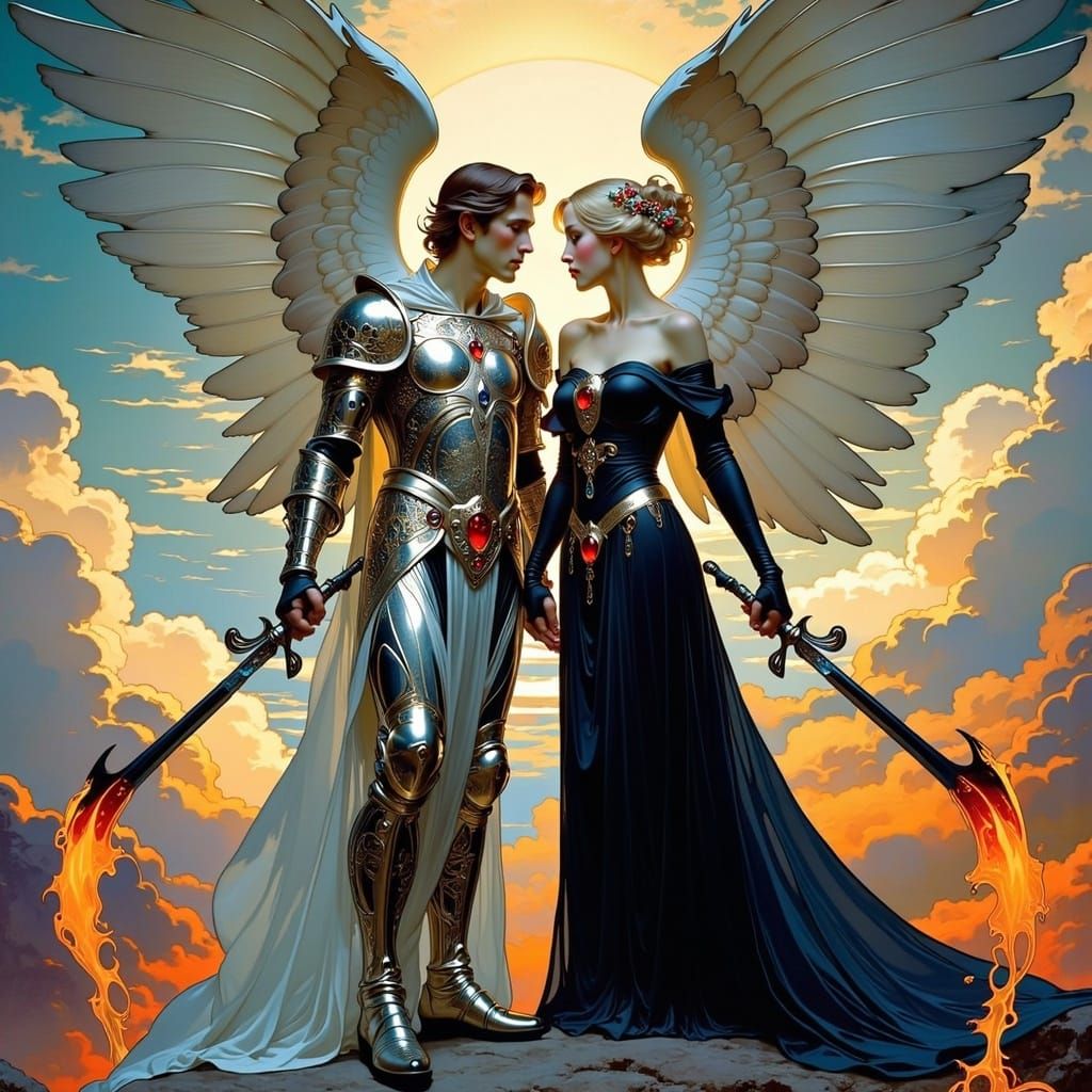 Regal Angels Stand Ready in Art Nouveau Style