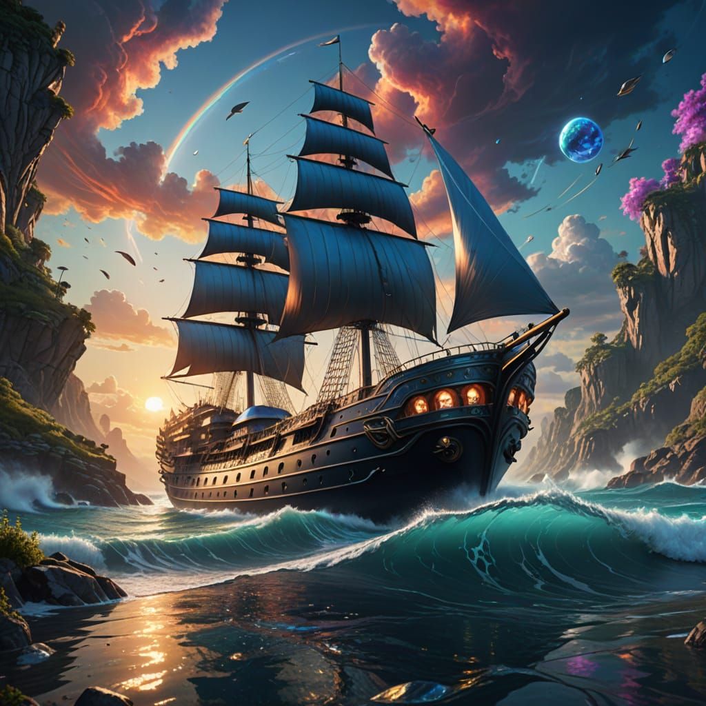 Sleek Futuristic Ship Surrounded by Shimmering Chrome Sea in...