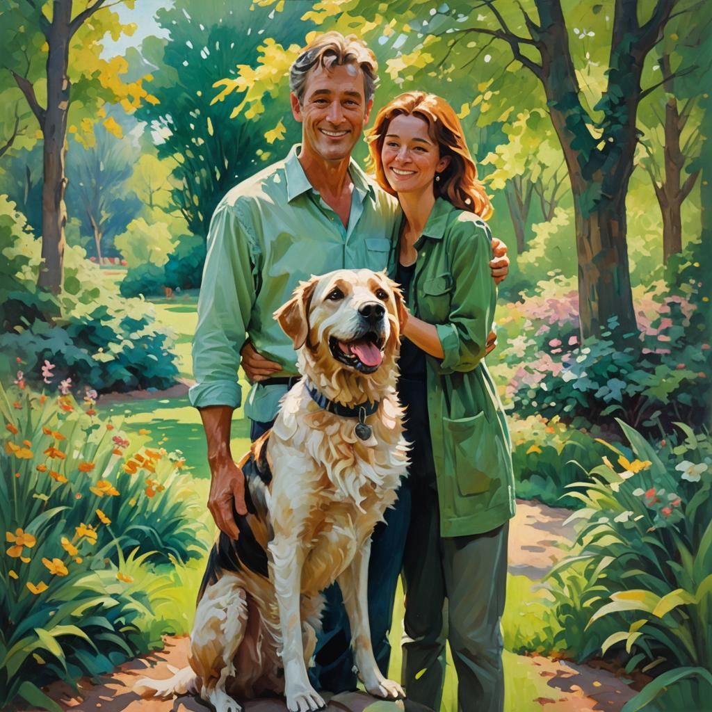 Impressionist Painting of Dog Photobombing Couple