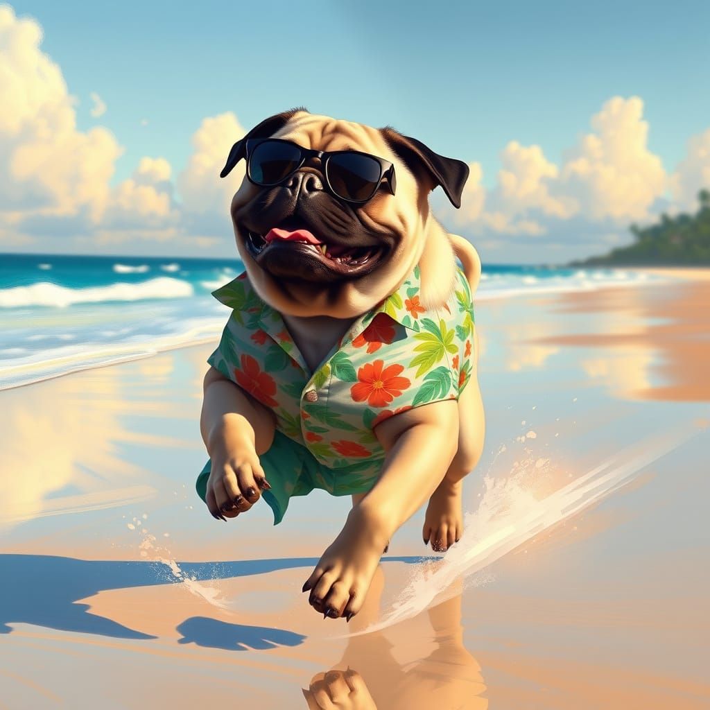 Pug Surfer Dog on Sunny Beach