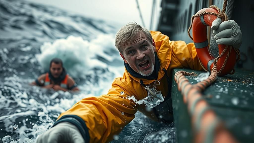 Desperate Sailor Tosses Lifebuoy in Rough Seas