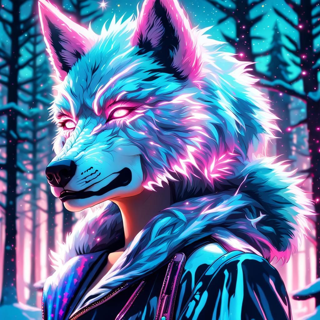 Girl in Wolf Costume: Synthwave Neon Art