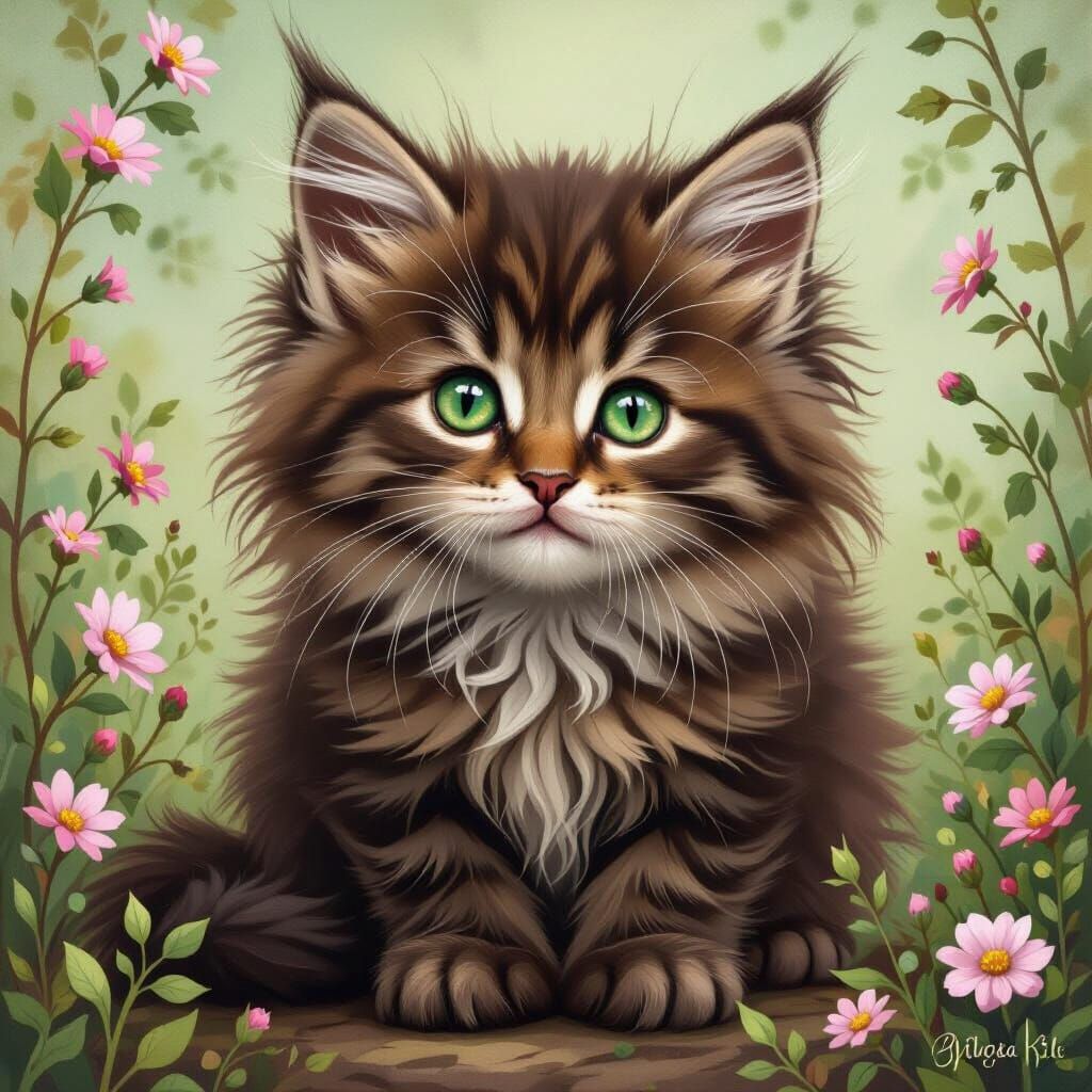 Chocolate Kitten with Green Eyes in Wildlife Art Style