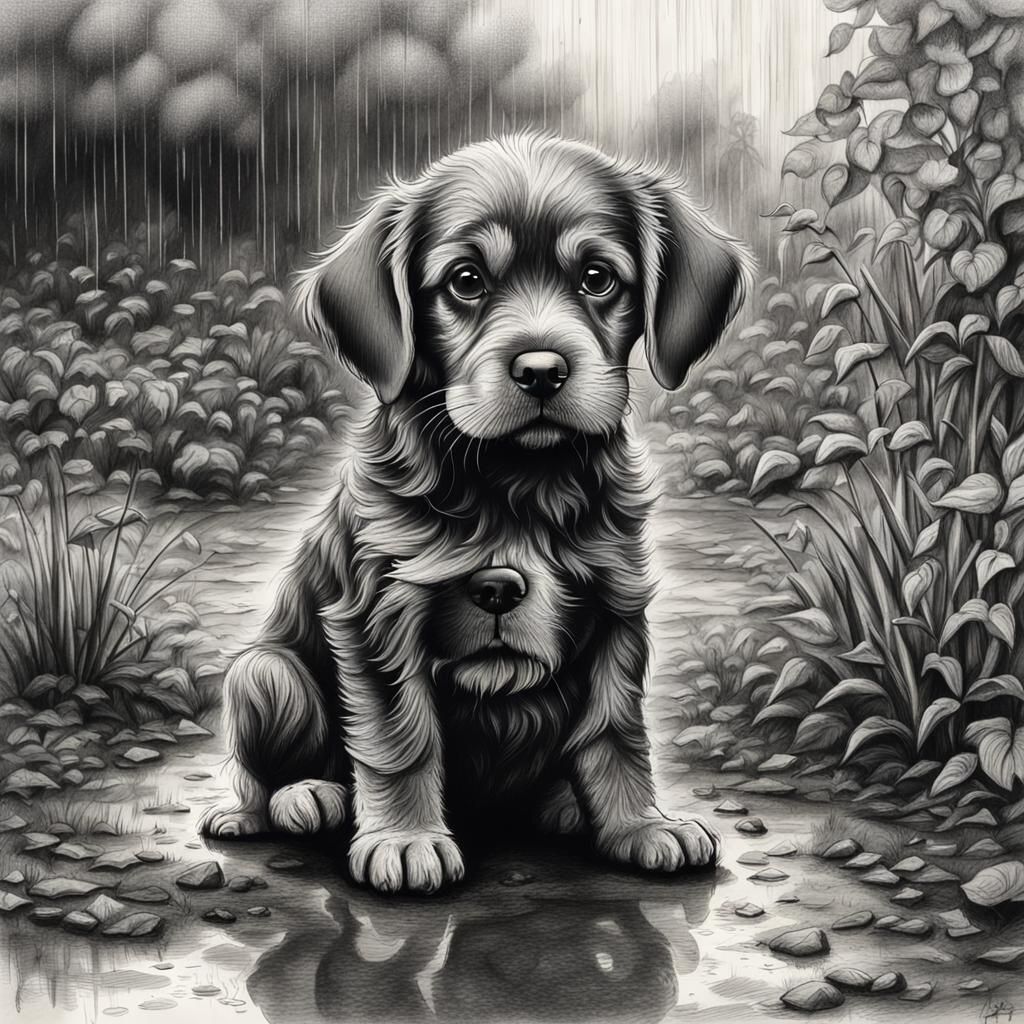 Sad Puppy in Muddy Garden: Charcoal Drawing