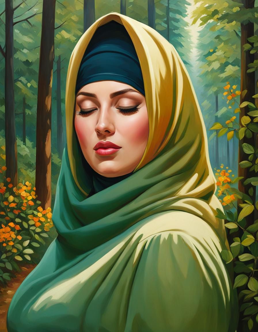 Woman in Hijab and Balaclava in Garden Setting