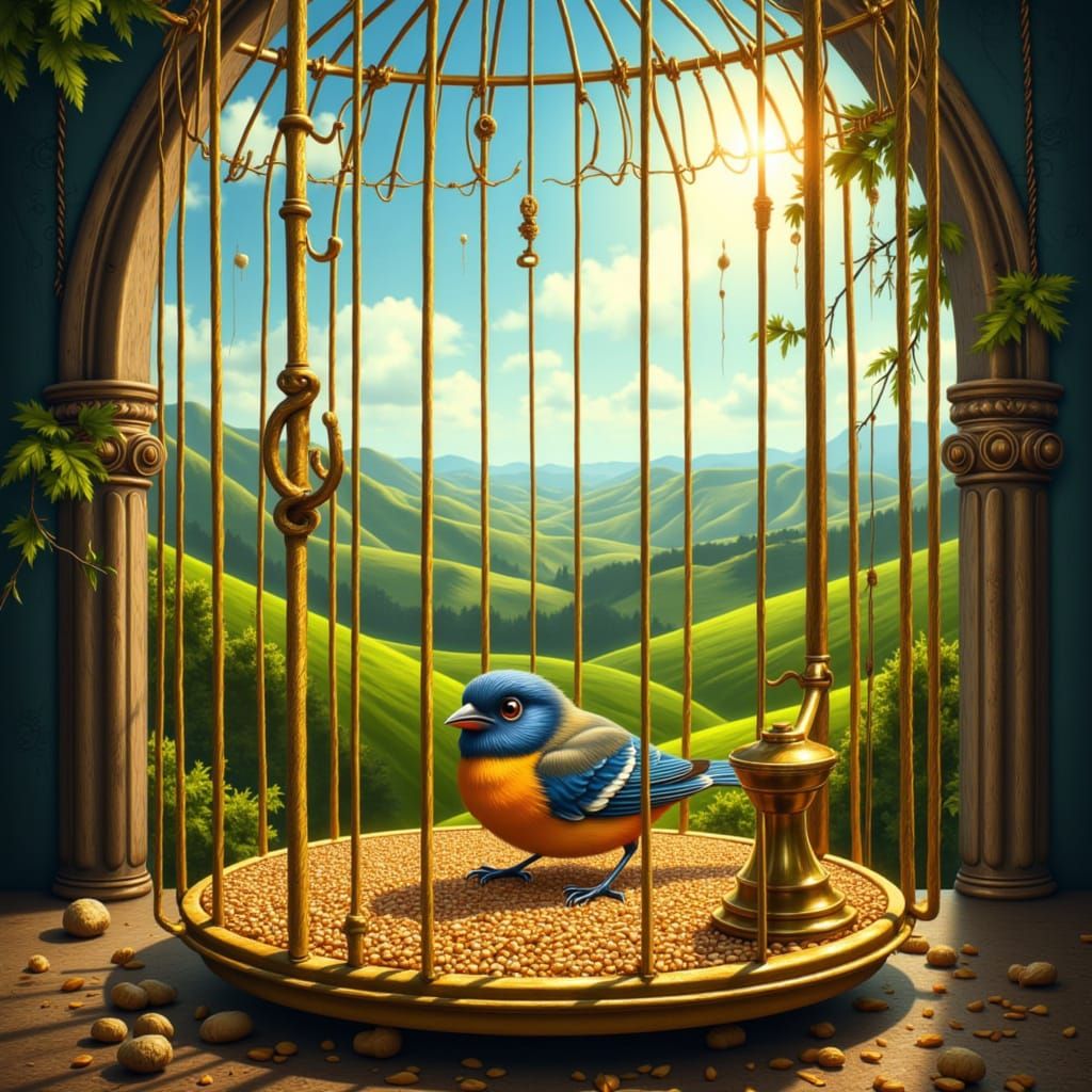 Bird in Cage Gazes at Sunlit Landscape