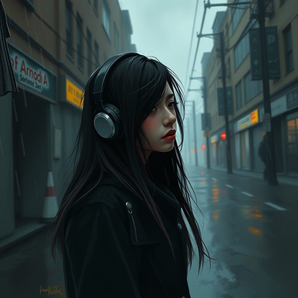 Depressed Young Woman in a Somber Street Scene