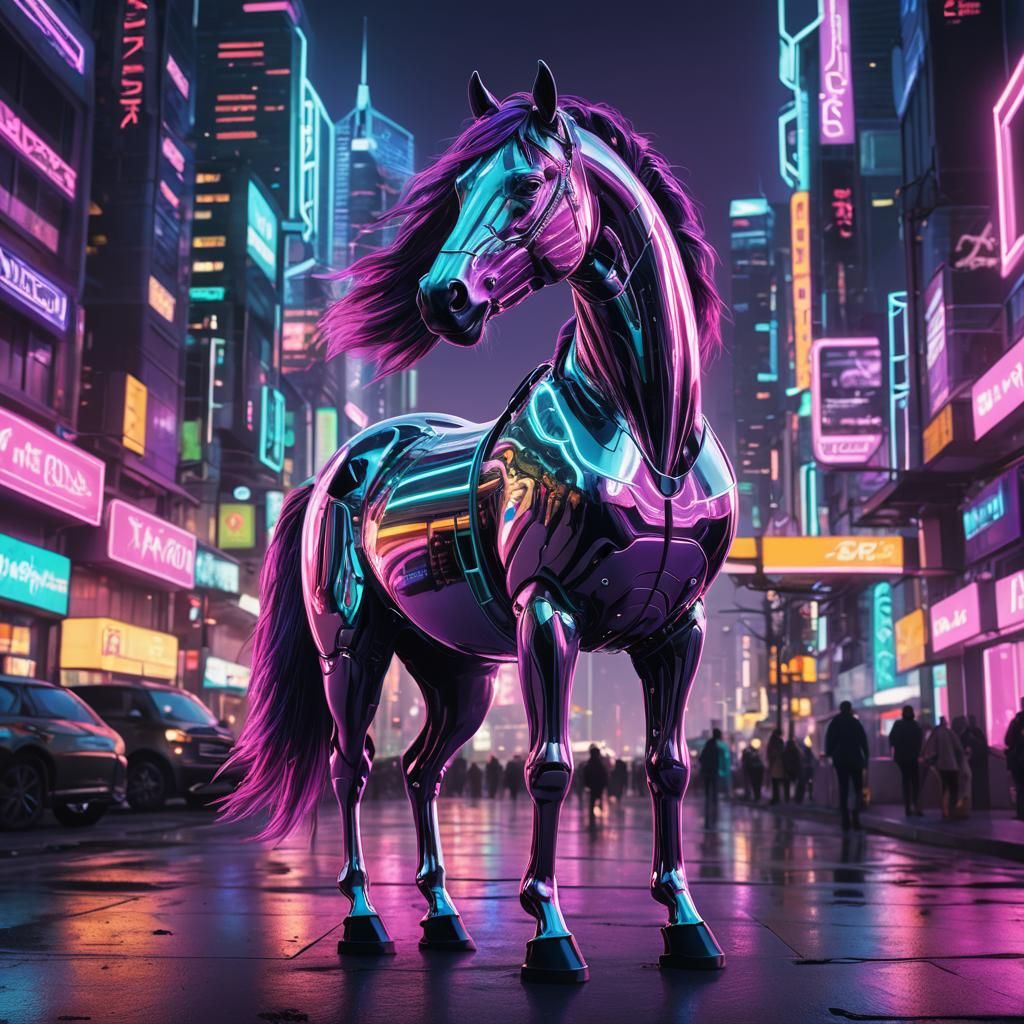 Neon-Lit Chrome Horse in Futuristic Cityscape