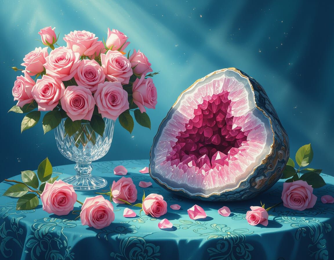 Vibrant Geode with Pink Crystals and Roses