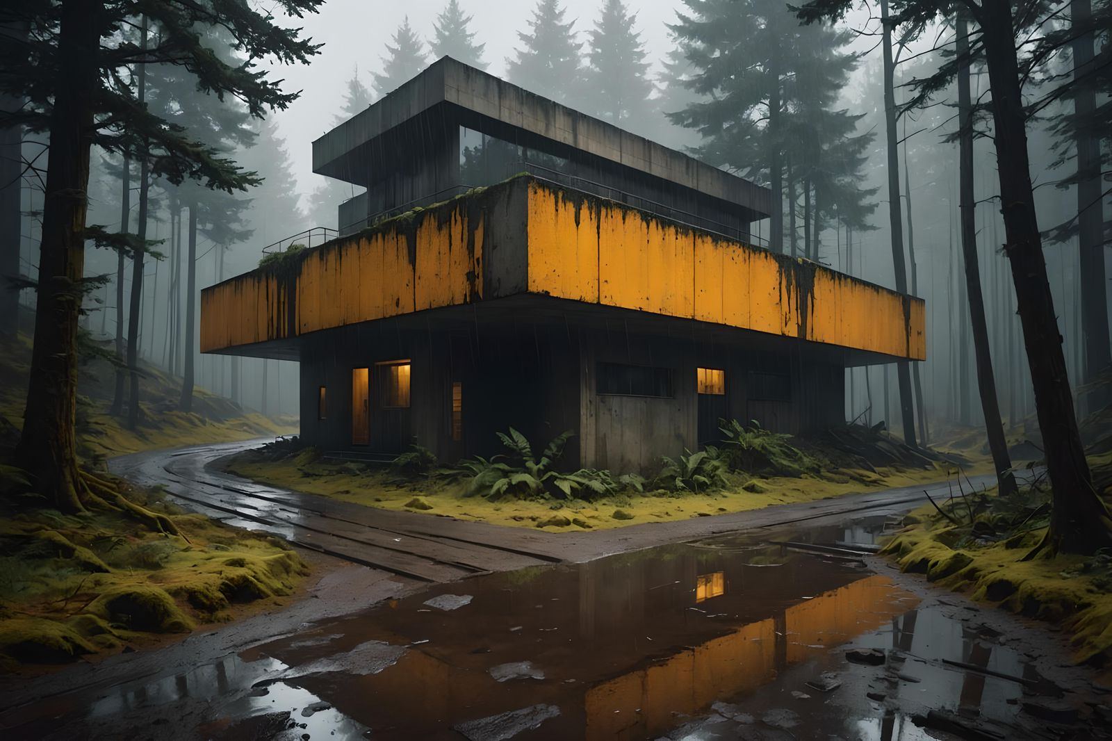 Brutalist Building Hidden in Forest Concept Art