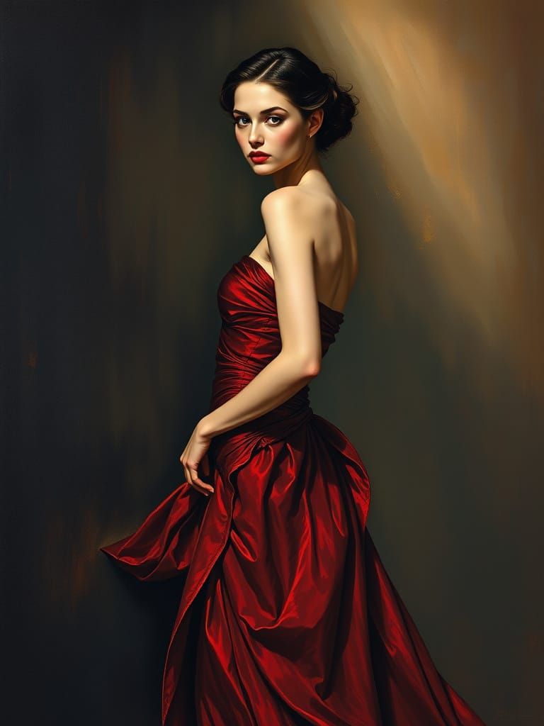 Elegant Woman in Crimson Gown, Avant-Garde Oil Painting