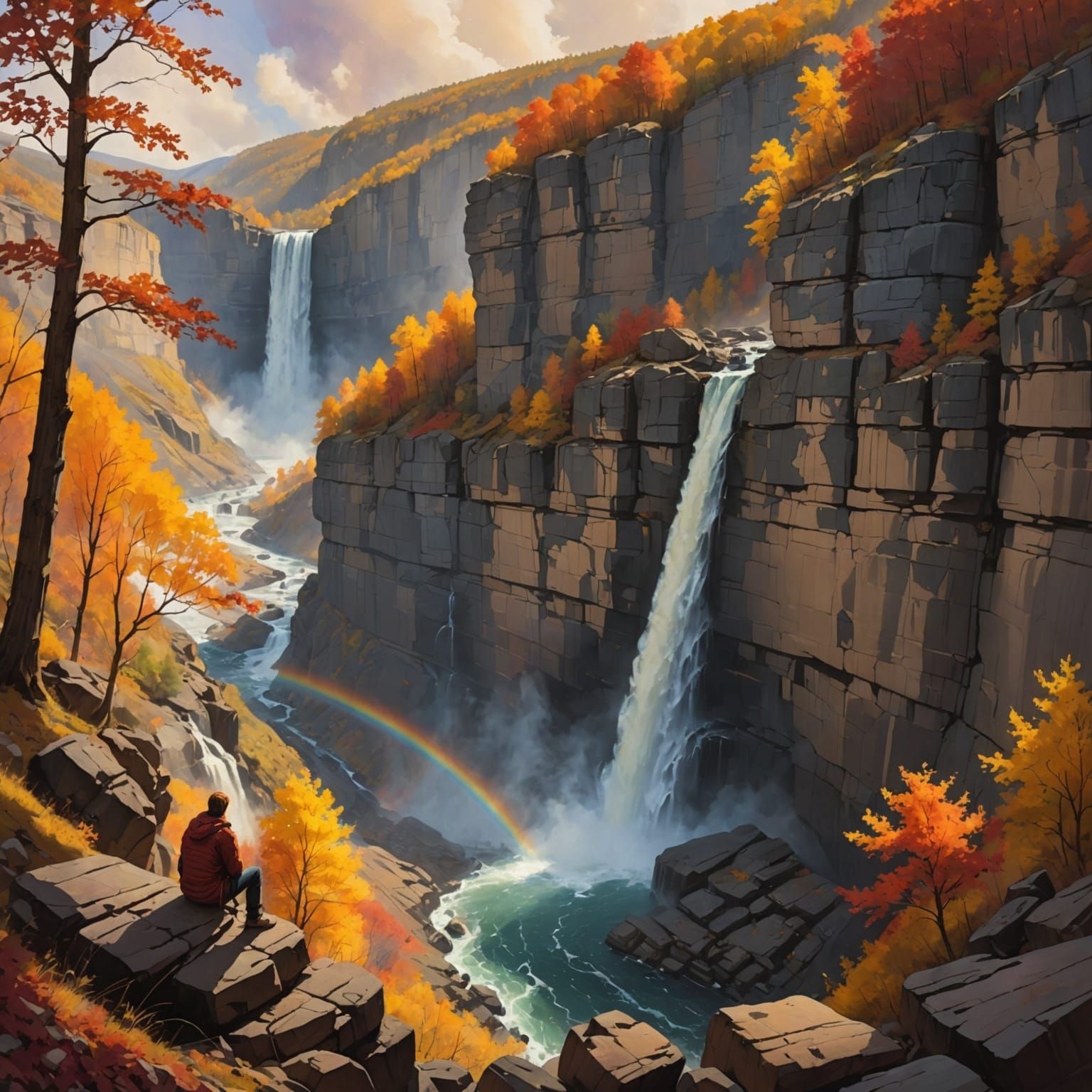 Artist Sketches Majestic Waterfall in Autumn Gorge
