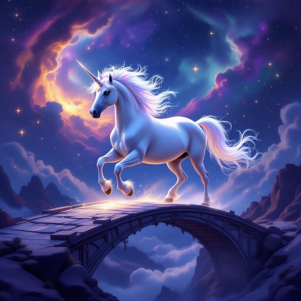 Celestial Unicorn Gallops on Moonlight Bridge