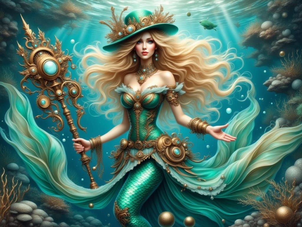 Steampunk Mermaid with Flowing Hair and Ornate Staff
