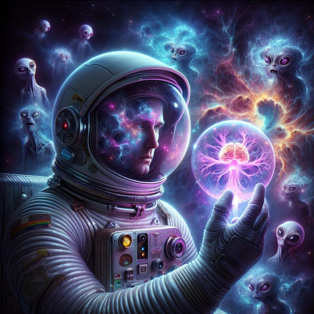 Astronaut and Bioluminescent Crystal in Cosmic Nebula