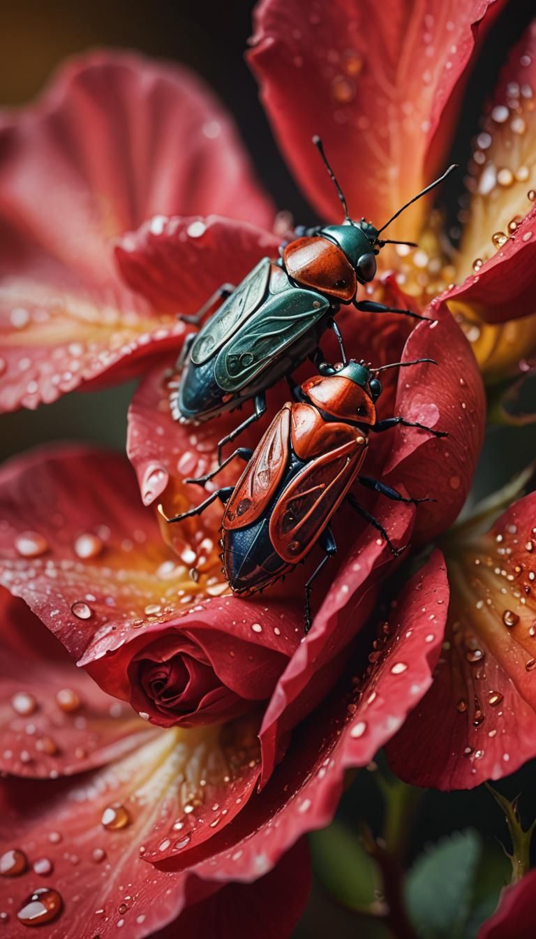 Bugs on Red Rose Petal: Macro Impressionism