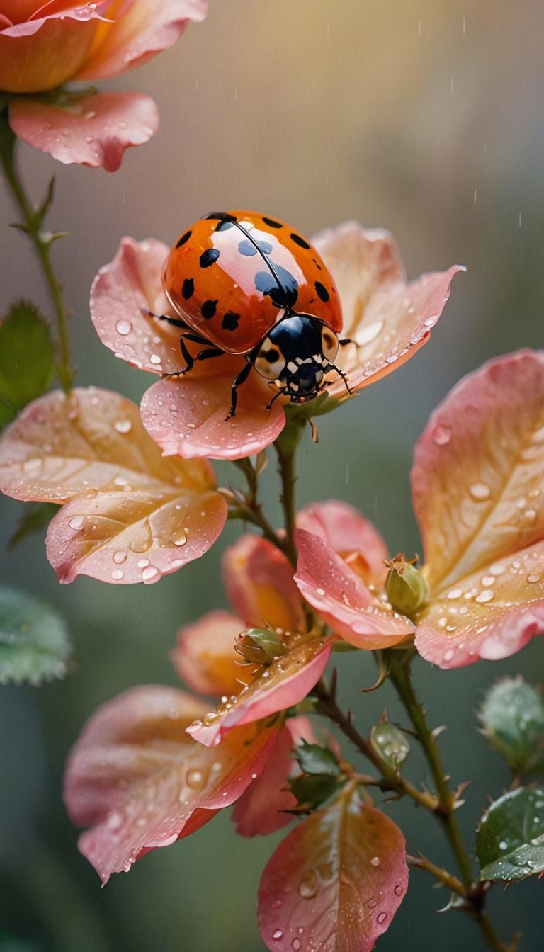 Ladybug and Rose Petal in Impressionist Style
