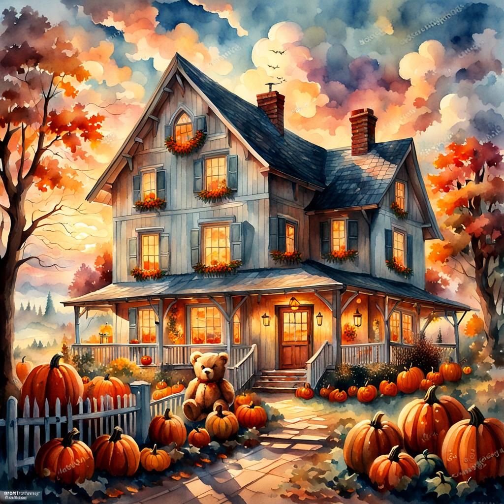 Teddy Bear Clouds Over Cozy Autumn Home
