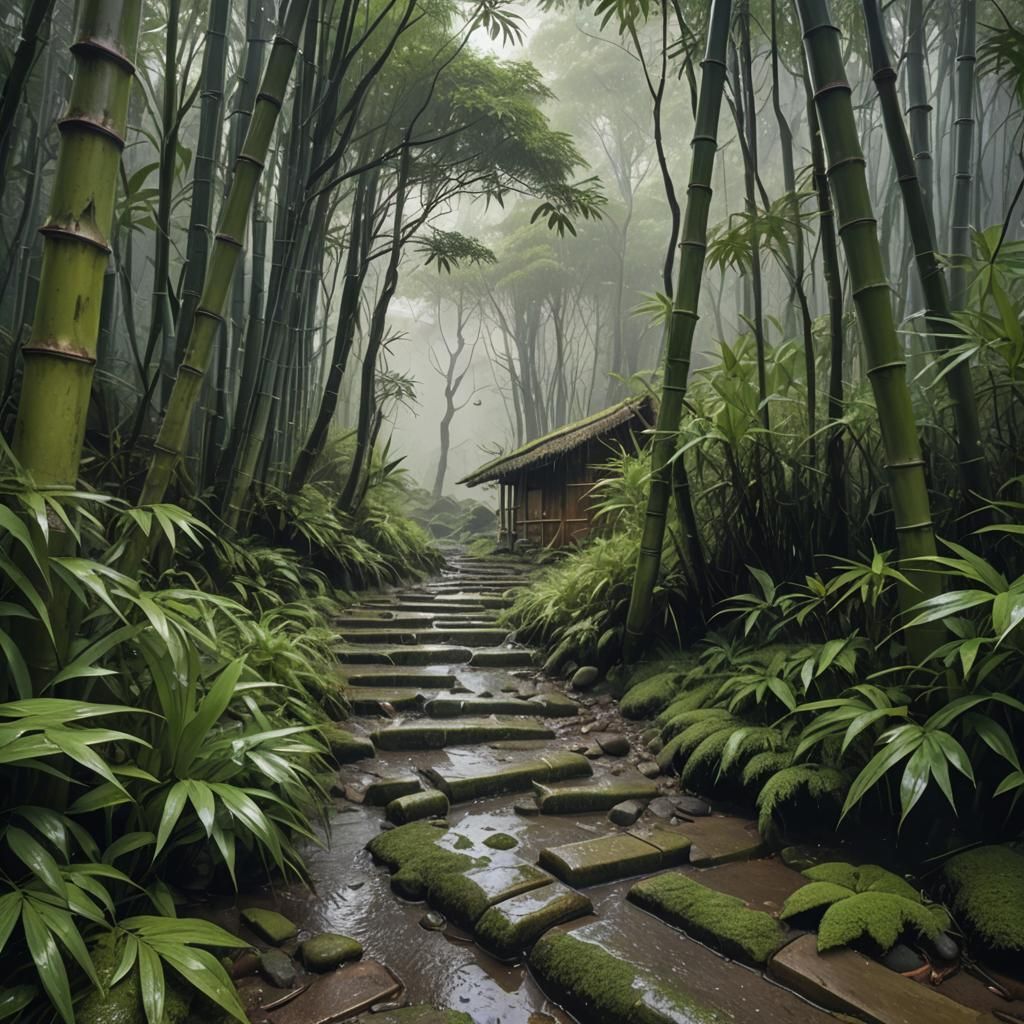Rainy Path to Hut: Detailed 3D Anime Art
