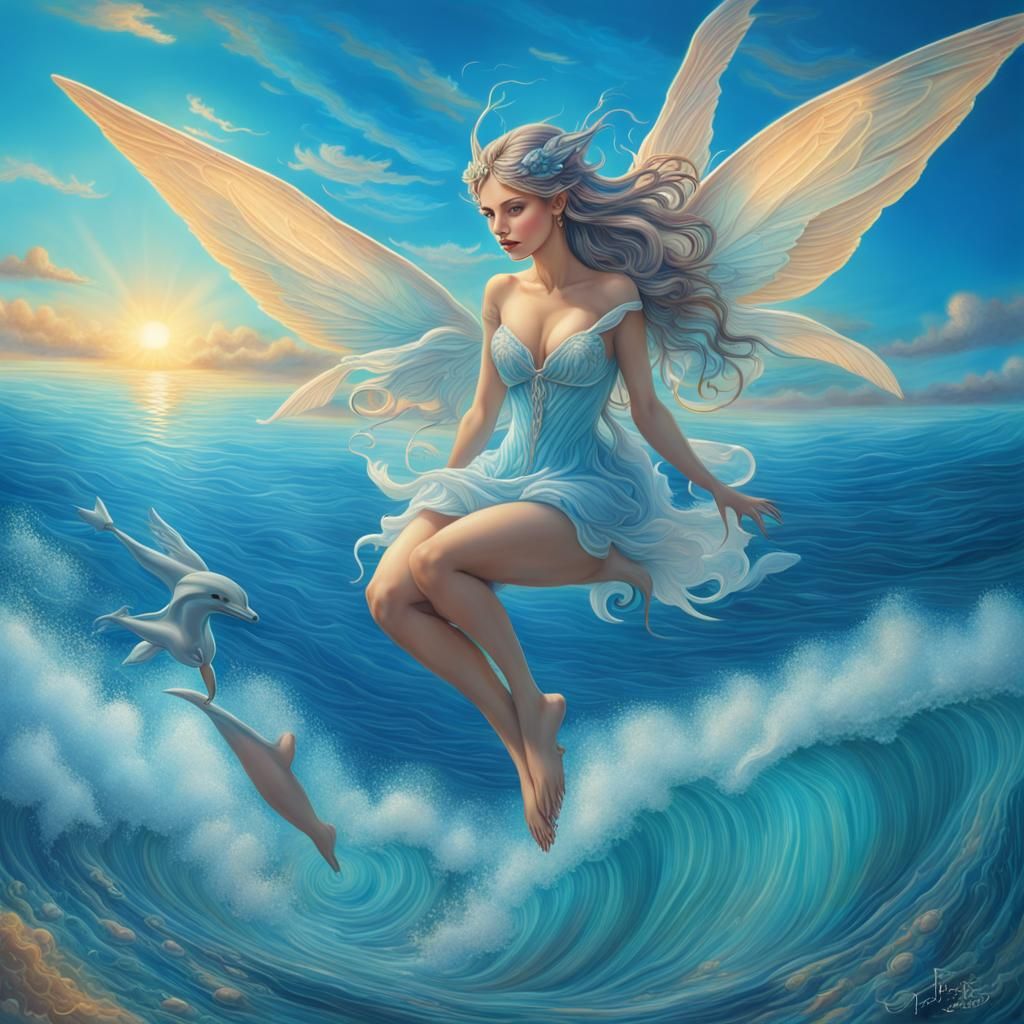 Fairy with Dolphins in Surreal Ocean Scene