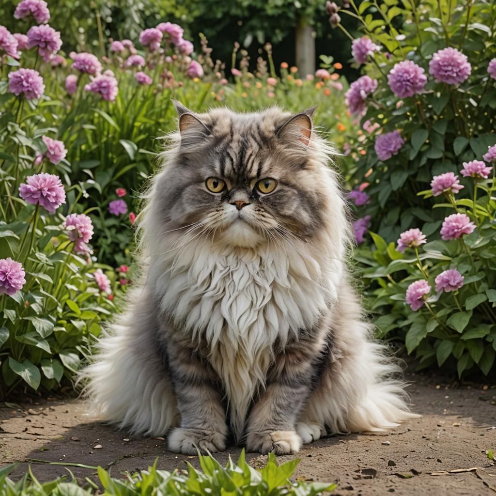 Fluffy Persian Cat in Sunny Garden
