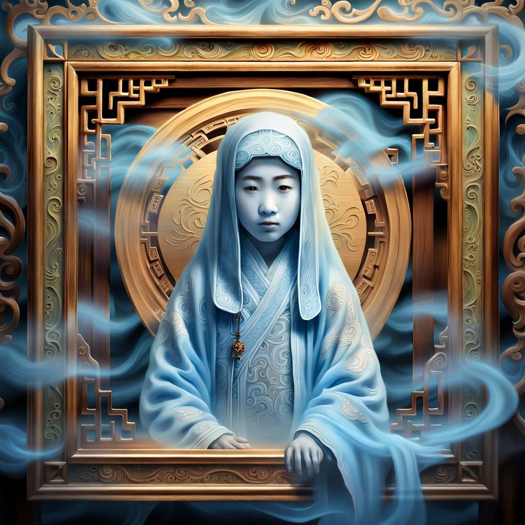 Eerie Asian Ghost Portrait in Ornamental Frame