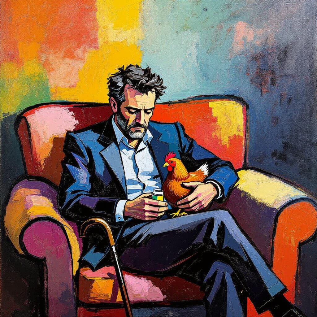 Exhausted Doctor Holds Chicken, Contemplating Pills