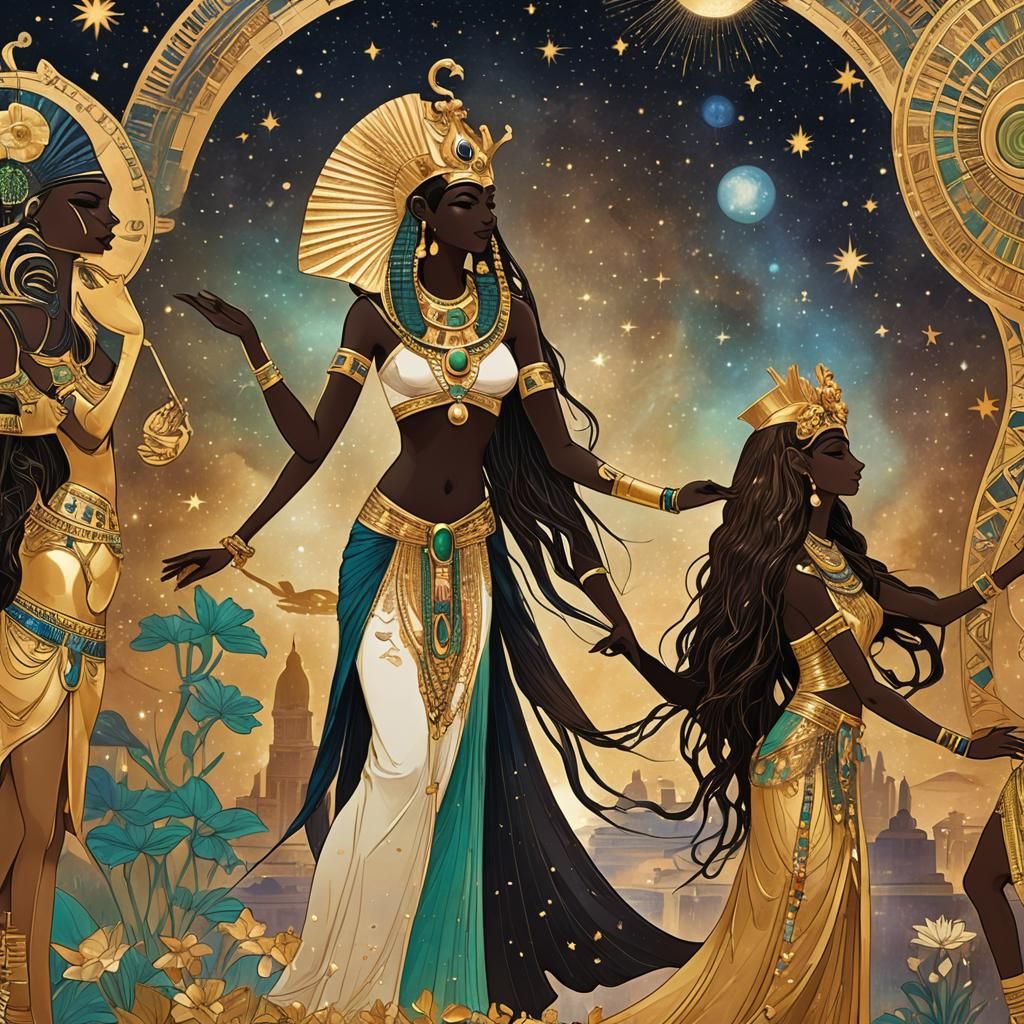 Golden Egyptian Goddesses Dancing in Art Nouveau Style