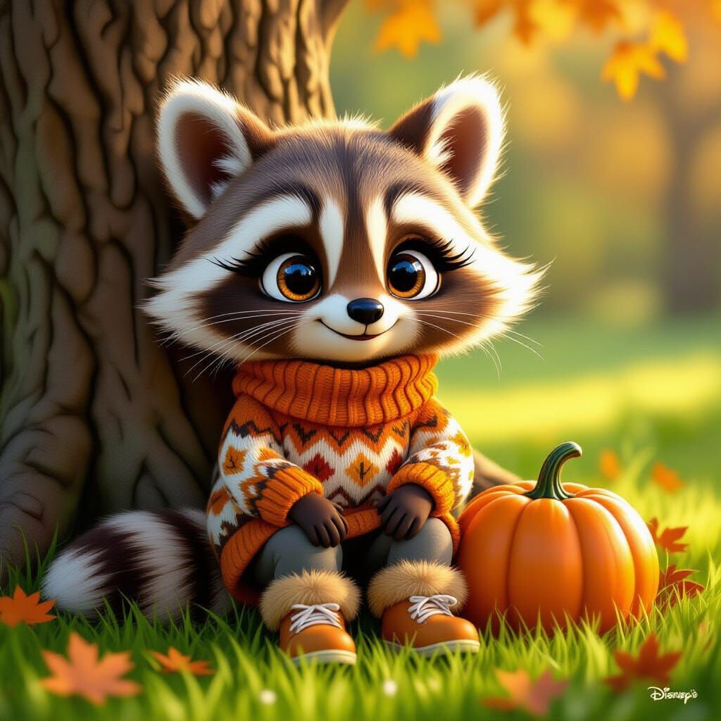 Fluffy Disney Raccoon in Autumn Sweater