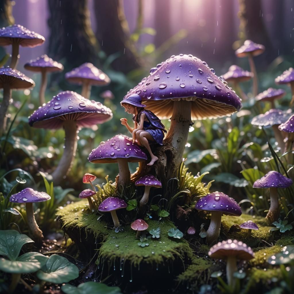 Fairy on Mushroom in Morning Light: Macro Photography