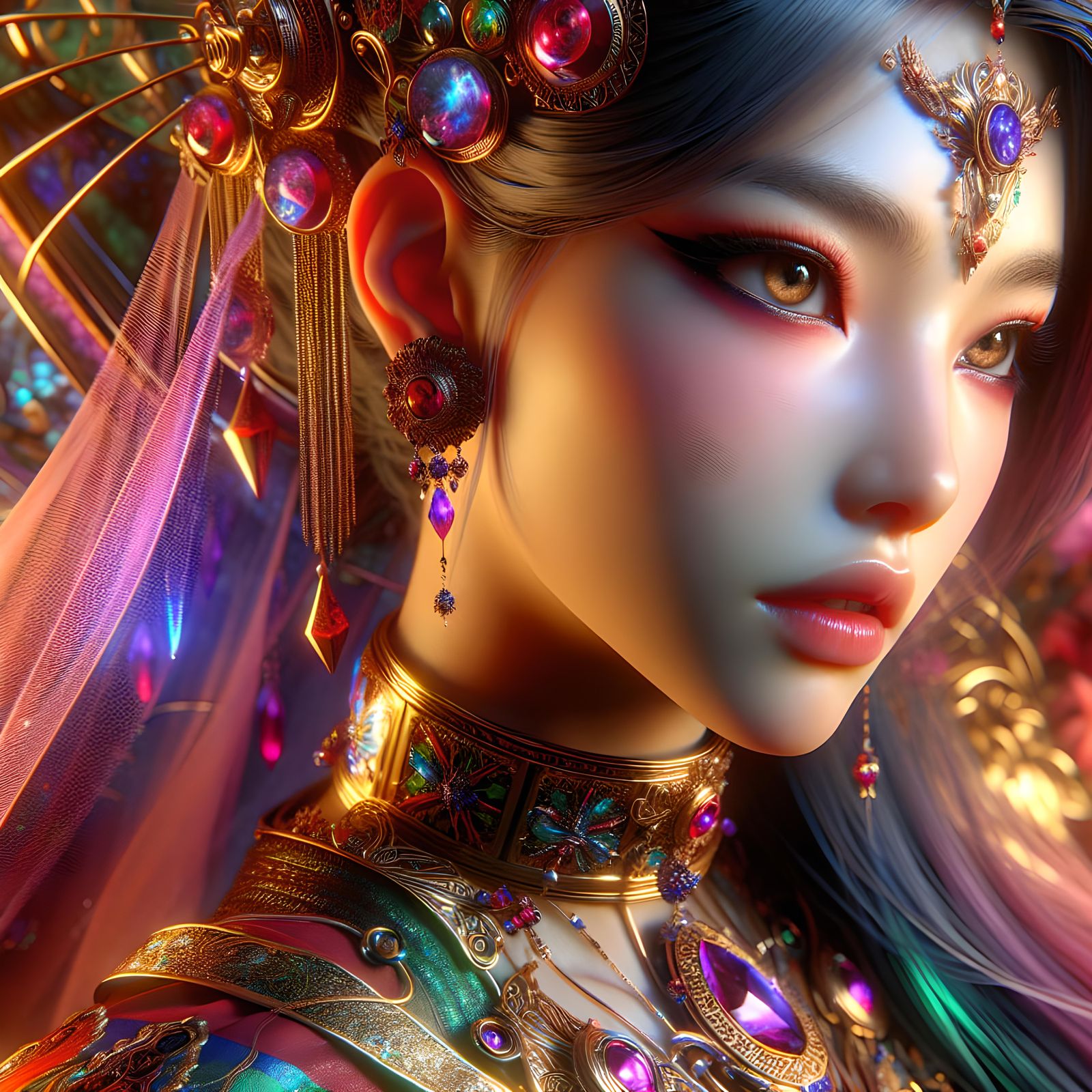 Anime Style Portrait of Woman with Futuristic Jewelry