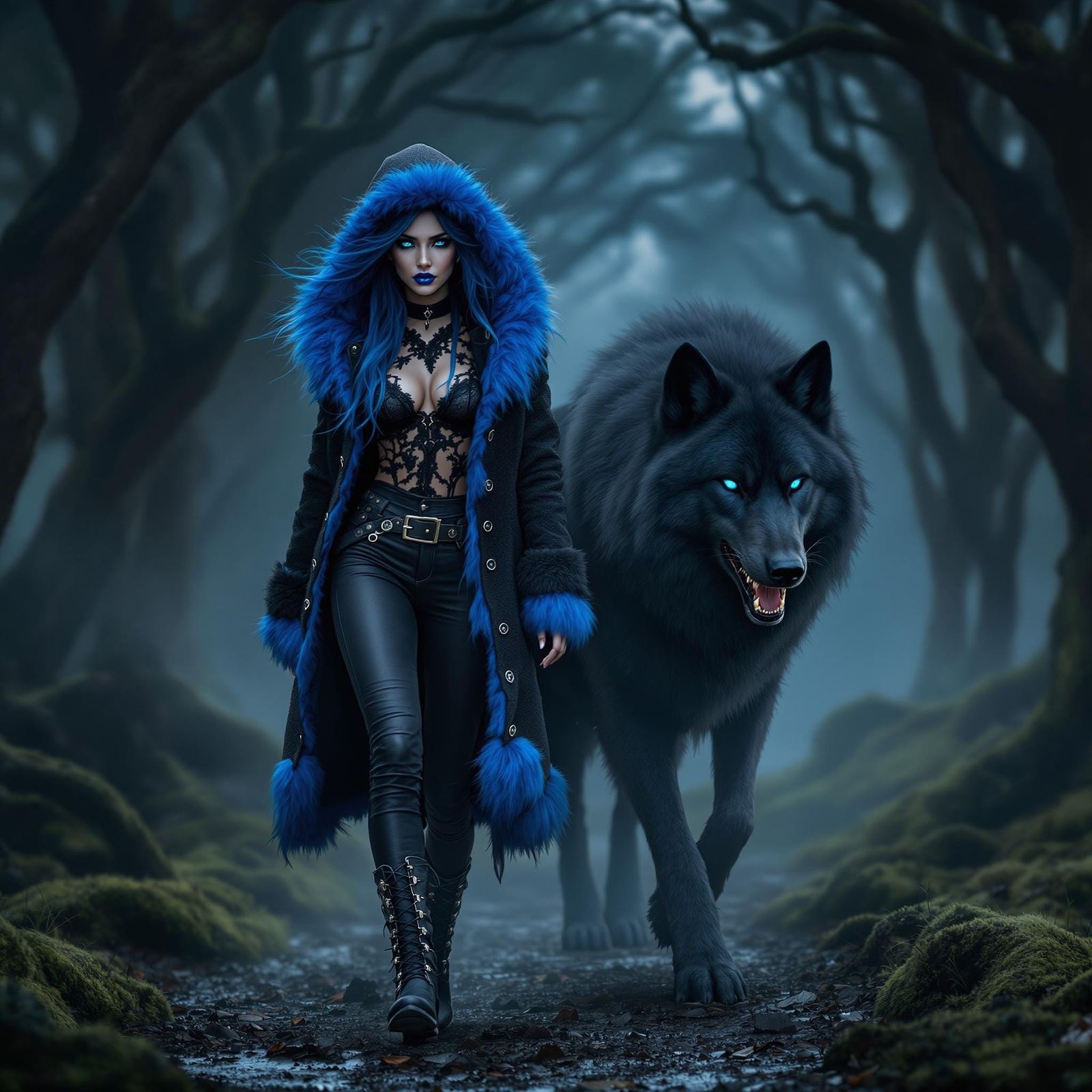 Majestic Fantasy Woman Walks Beside a Jet Black Wolf in a Su...