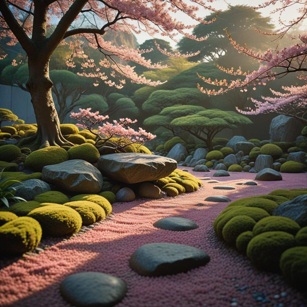 Ethereal Japanese Zen Garden in Morning Light