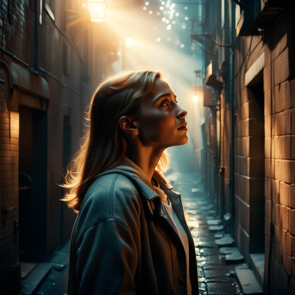 Cinematic Alleyway Scene with Hopeful Woman