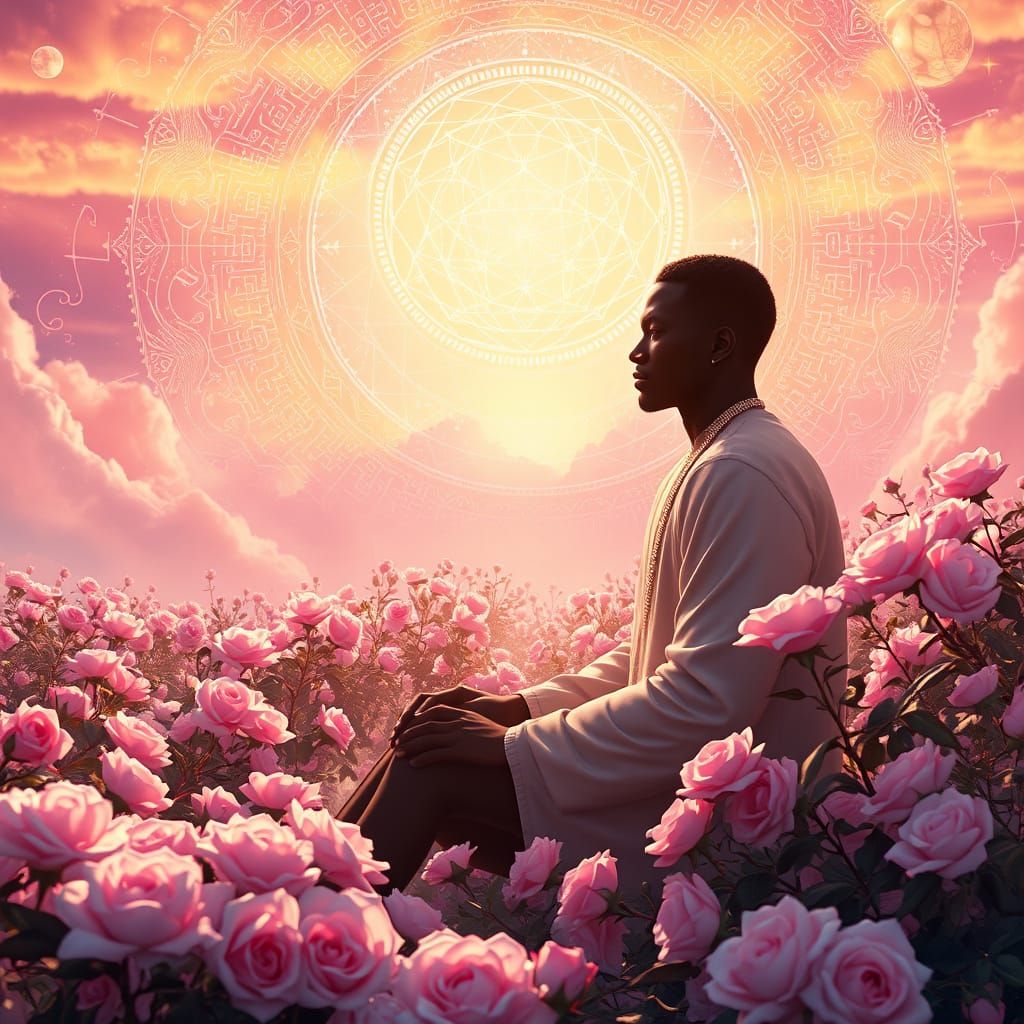 A Black Man meditating in a realm of Roses.  White, Gold and...
