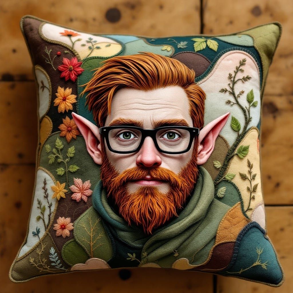 Whimsical Patchwork Half-Elf Portrait in Earthy Textiles