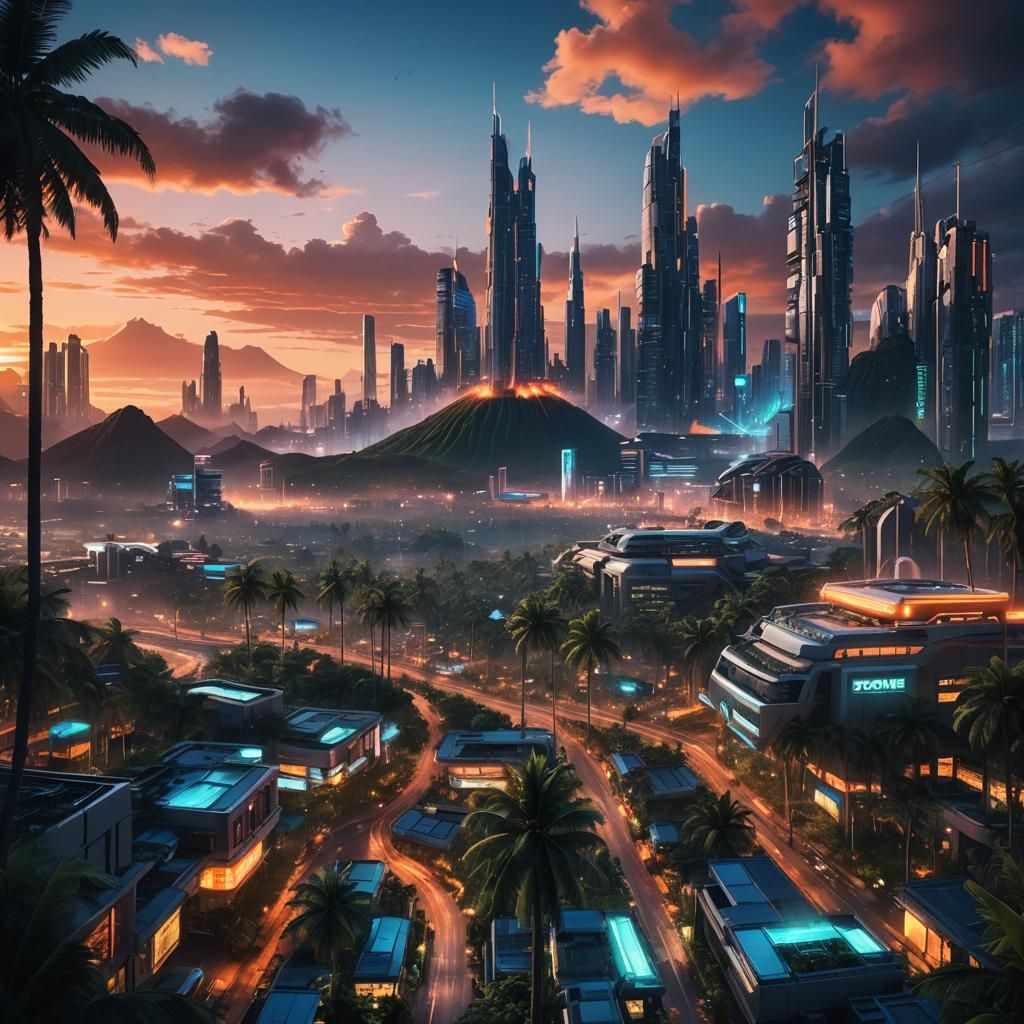 Futuristic Cityscape on Volcanic Island at Sunset