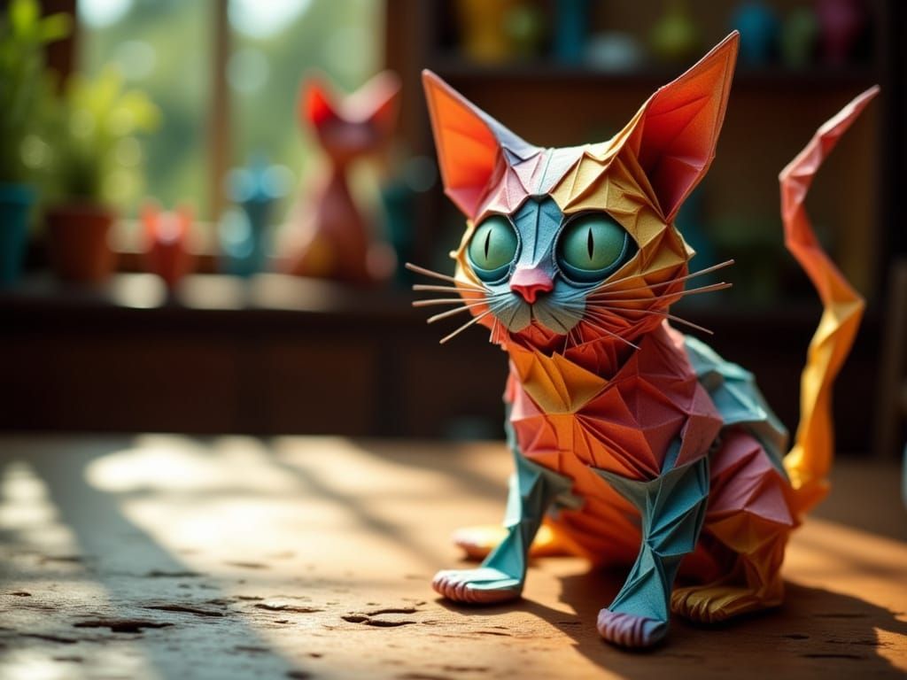 Intricate Origami Cat in Soft Light