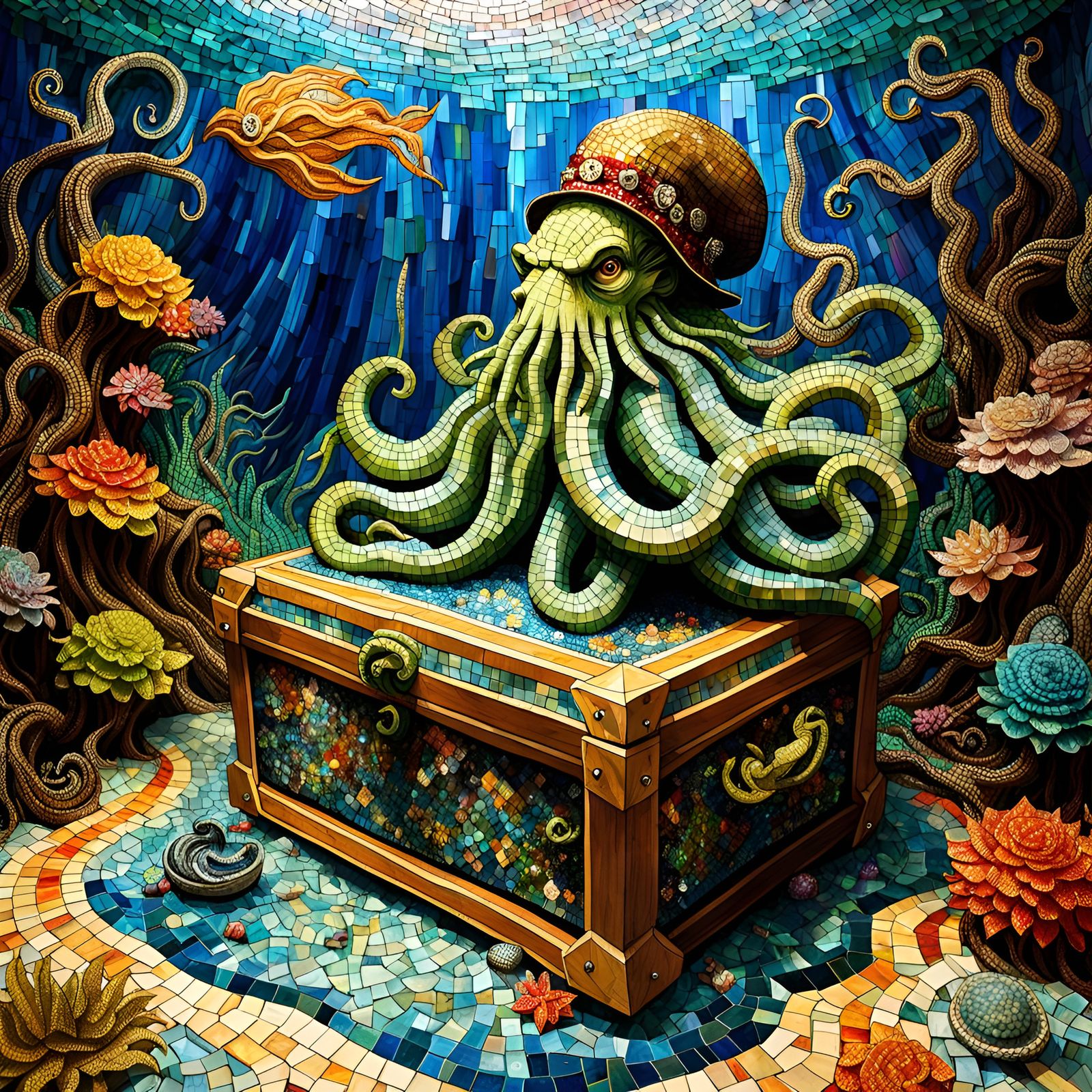 Glittery Mosaic Cthulhu Davy Jones on Treasure