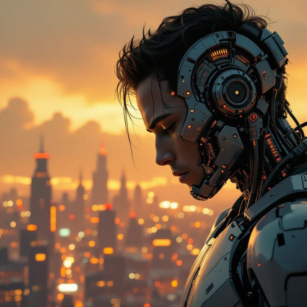 Cyborg's Haunting Face Over Neon Cityscape