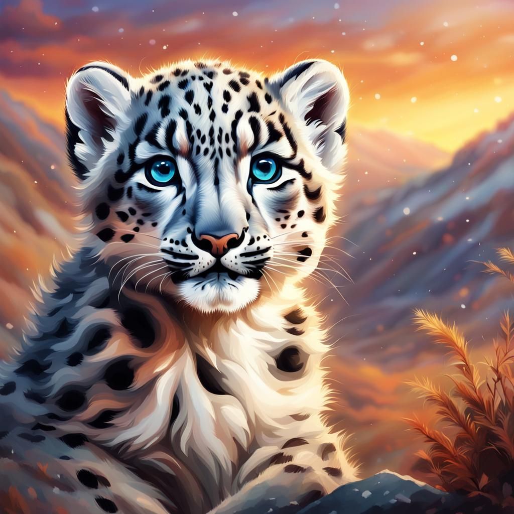 Adorable Snow Leopard Cub in Dramatic Sunset Painting