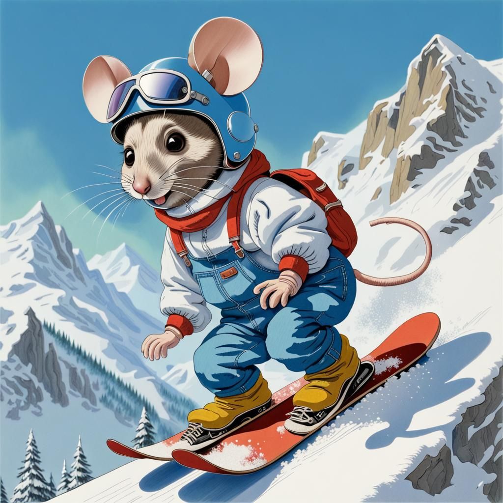 Mouse Snowboarding in the Alps Cartoon