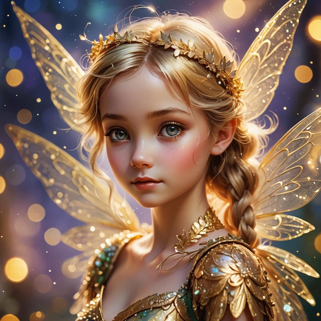 Golden Fairy Portrait with Iridescent Wings