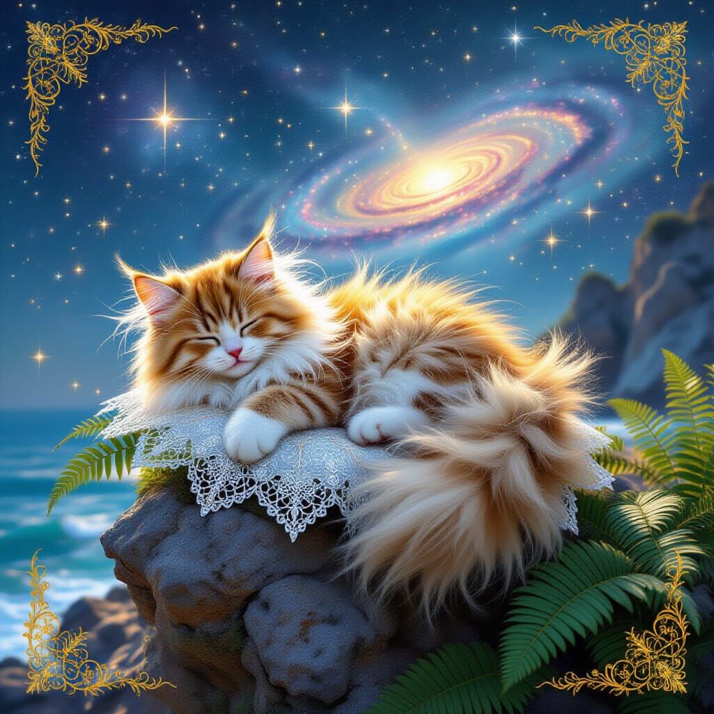 Fluffy kitten dreaming of the universe